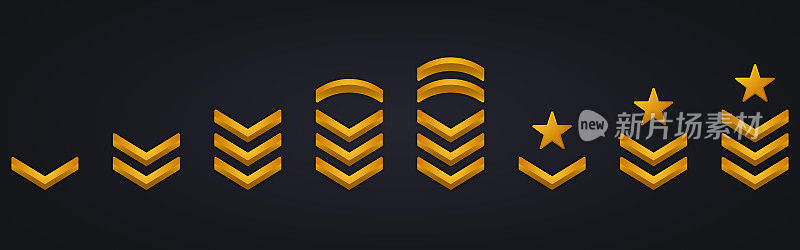 军衔士兵中士，将军，少校，军官，中尉，帕奇·徽姆上校。Chevron Stripes徽章金色符号。军衔金色标志。孤立的矢量图